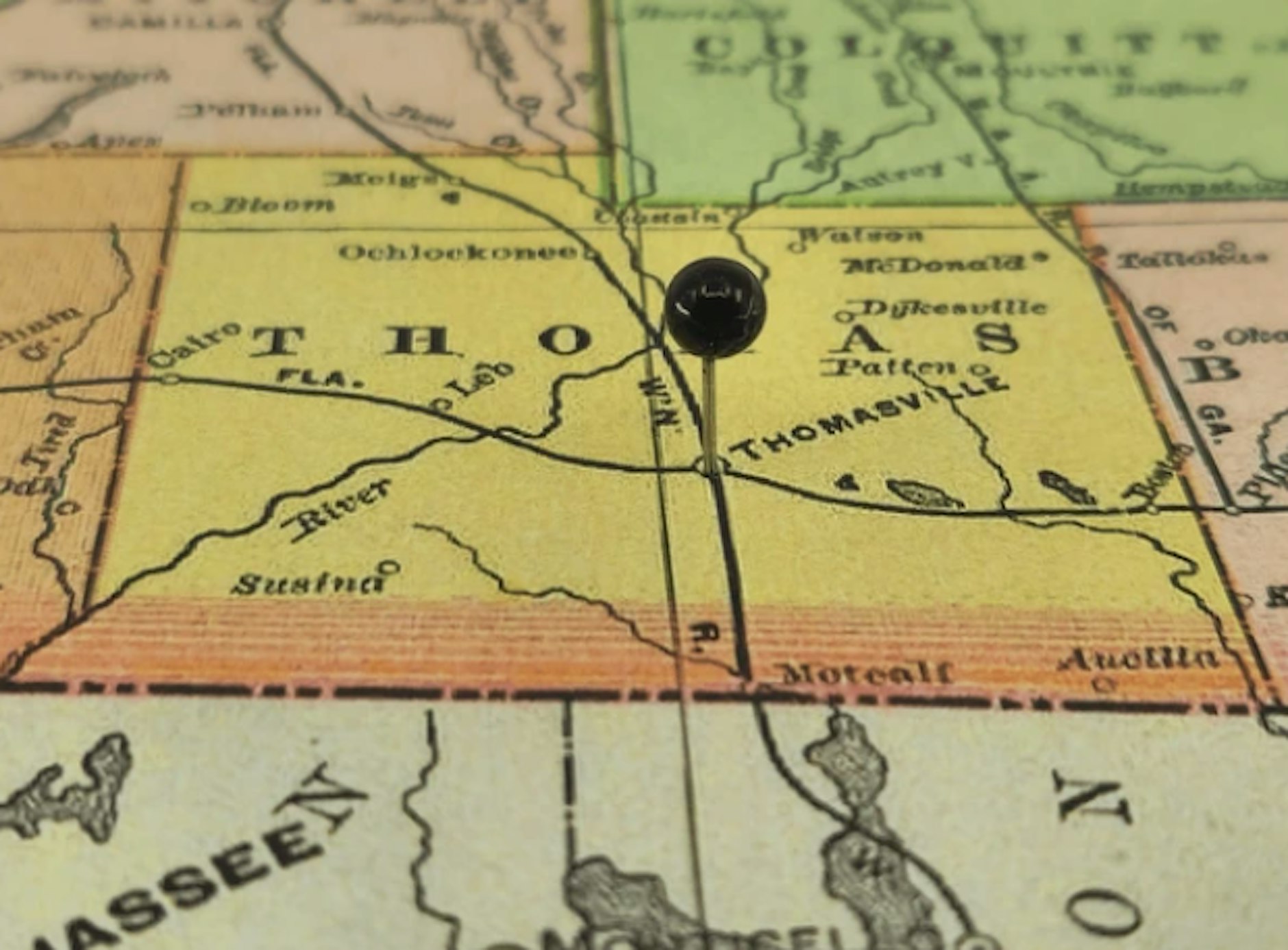 Vintage map with a pin marking Thomasville